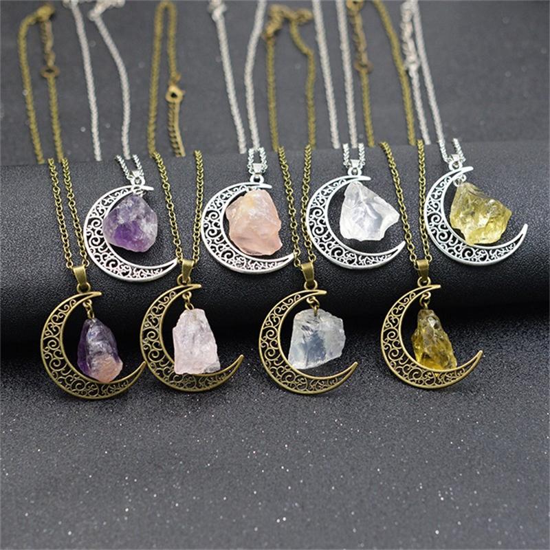 Moon Goddess Natural Stone Pendant Silver Necklace Witch Wicca Magic